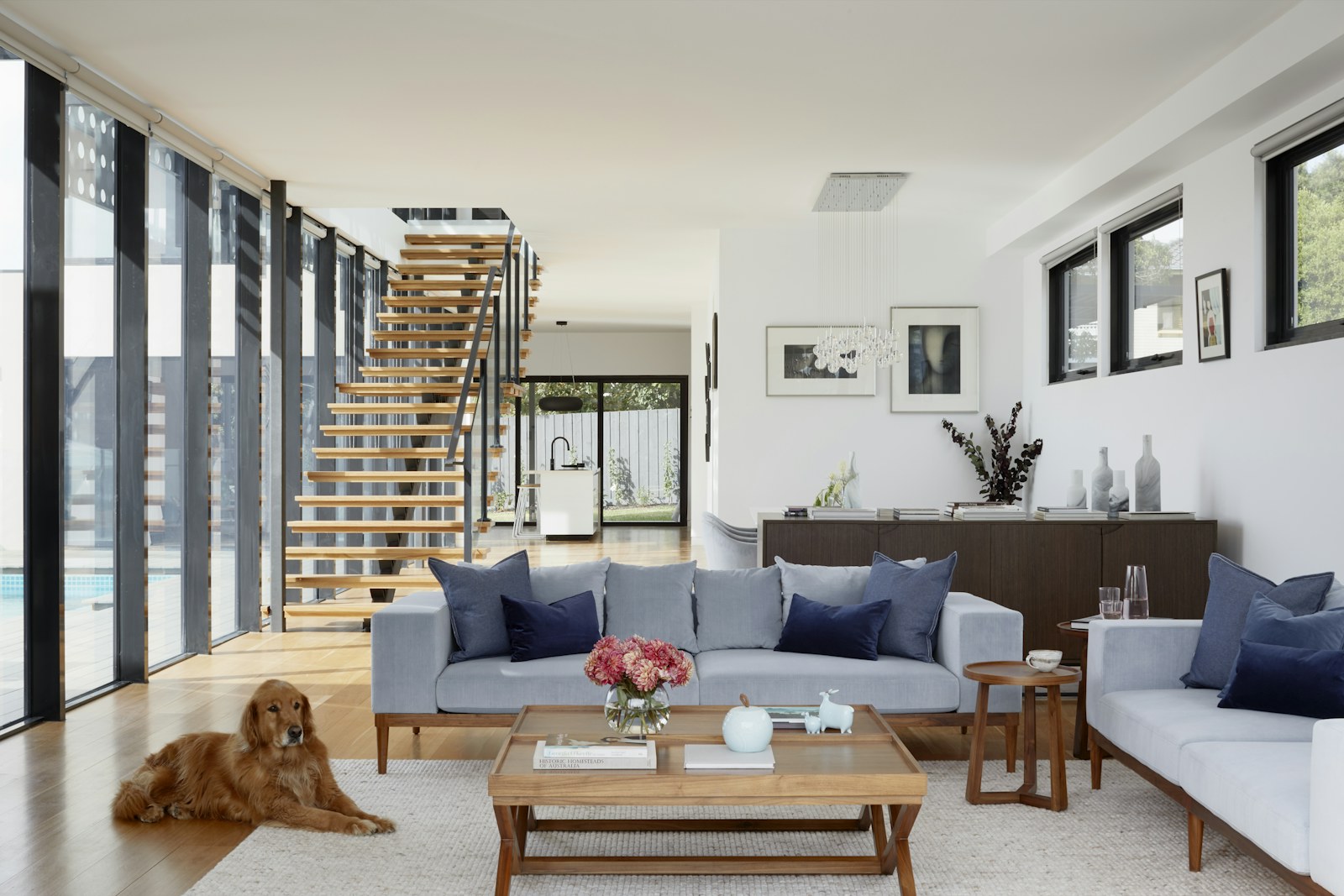 Bright modern living space with natural wood flooring